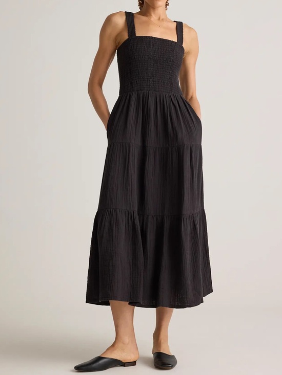 Quince Dresses & Skirts - Quince Black Smocked Tiered Midi Dress Sleeveless Pocket’s Women’s Size XS NWT